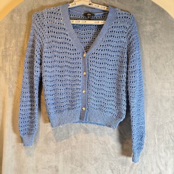 Lulu Sweaters - Lulu’s Blue Crochet Knit Cardigan Button Front Lightweight Sweater Medium